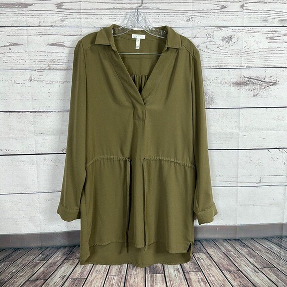Leith Dress Womens Medium Olive Green‎ Mini Henley Tie Waist Long Sleeve Minimal